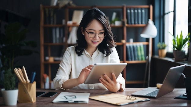 Joven empresaria asiática mujer de negocios comprueba la orden de compra del producto en stock y guarde en la tableta comp