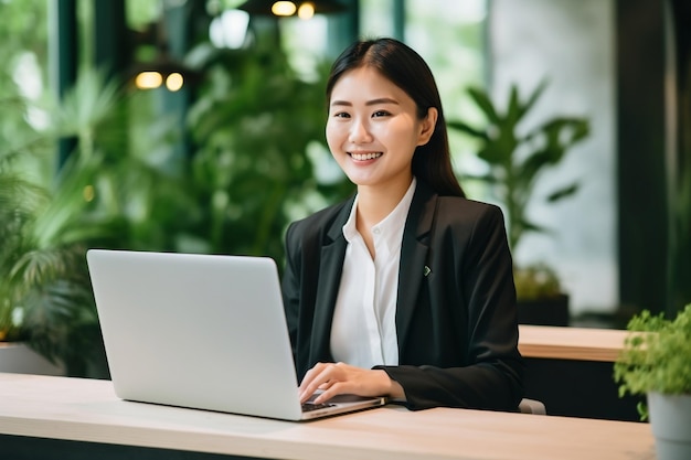 Joven empresaria asiática sonriente empleada o estudiante generativa Ai