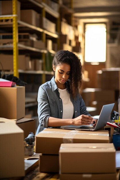 joven empresaria empaquetando cajas de cartón en el banco de trabajo en el taller