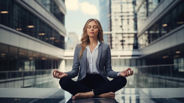 Una joven empresaria está meditando para aliviar el estrés de la ajetreada vida corporativa