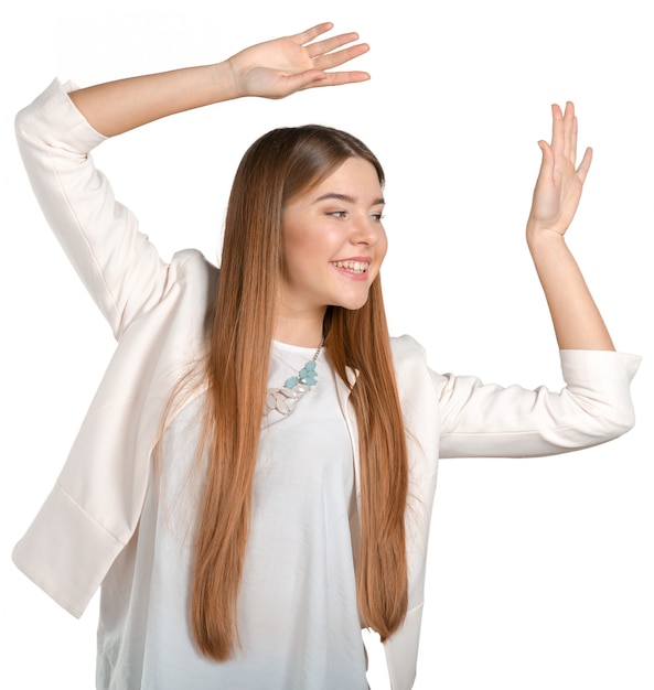 Foto joven empresaria feliz con los brazos arriba