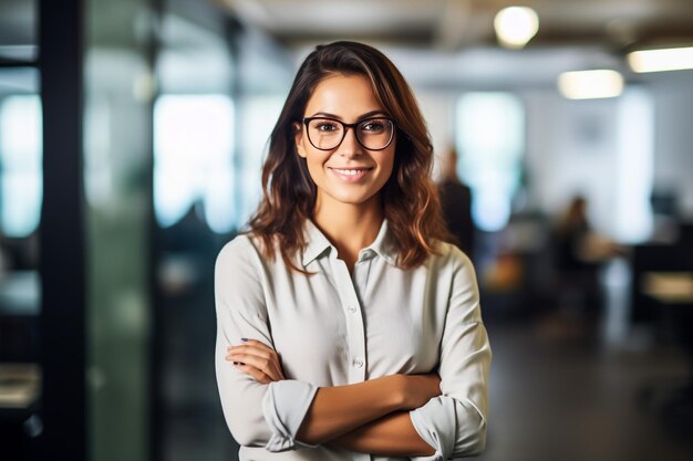 Joven empresaria feliz que usa la computadora en la oficina moderna con colegas Gerente hermoso y elegante