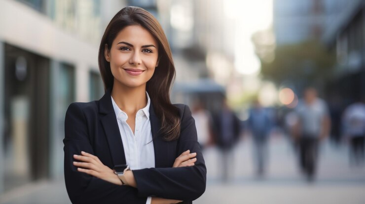Joven empresaria hispana sonriendo feliz de pie en la ciudad
