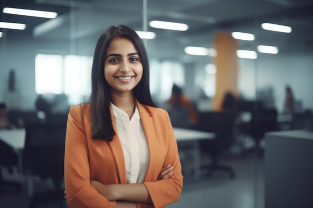 Joven empresaria india inteligente cara sonriente de pie en un fondo borroso de diseño interior de oficina colorido creativo AI generativo AIG20