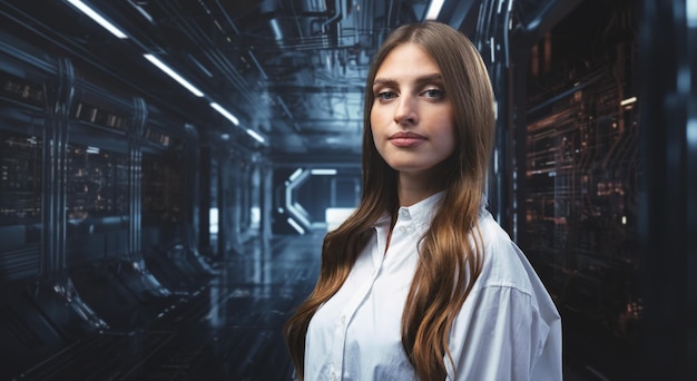 Una joven empresaria observa y analiza datos comerciales digitales en una pantalla holográfica futurista