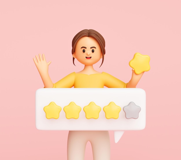 Joven empresaria de pie con la burbuja de calificación de experiencia de revisión de comentarios del cliente y sosteniendo el personaje de dibujos animados estrella sobre fondo rosa representación de ilustración 3d