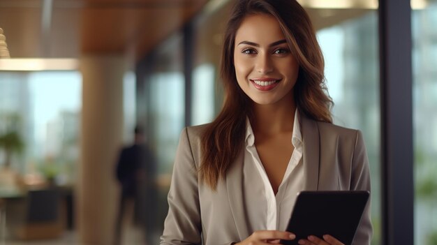 Joven empresaria de raza mixta sonriendo a la cámara