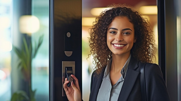 Una joven empresaria sonriente inserta su tarjeta de acceso a través del sistema de seguridad de la puerta utilizando IA generativa