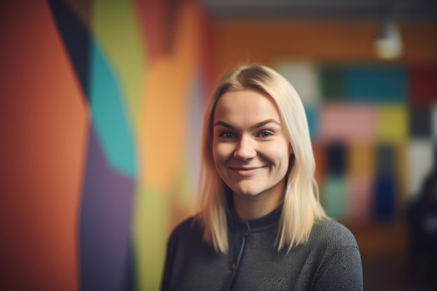Joven empresaria sueca inteligente cara sonriente de pie en un fondo borroso de diseño de interiores de oficina colorido creativo AI generativo AIG20