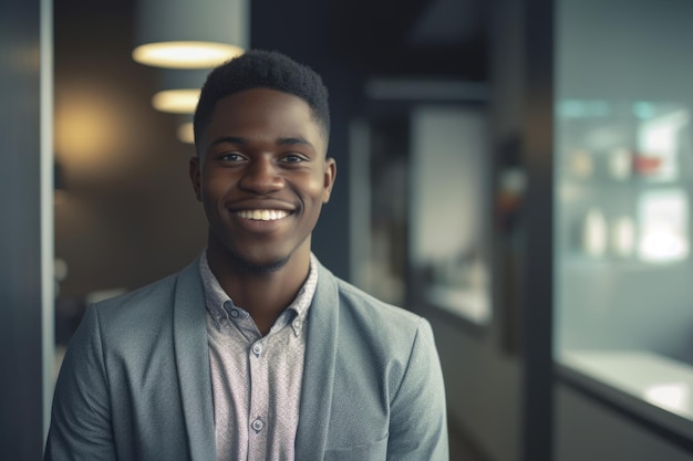 Joven empresario afroamericano inteligente cara sonriente de pie en un fondo borroso de diseño de interiores de oficina colorido creativo Generativo AI AIG20