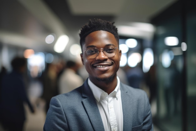 Joven empresario afroamericano inteligente cara sonriente de pie en el fondo borroso de la oficina ocupada AI generativo AIG20