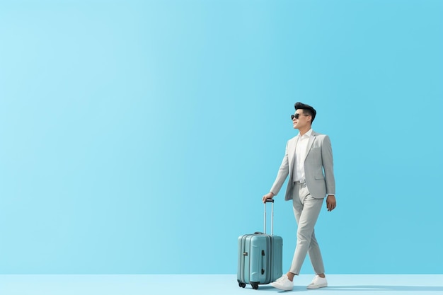 Joven empresario asiático elegante y adinerado con una maleta y una bolsa de viaje sobre un fondo azul IA generativa