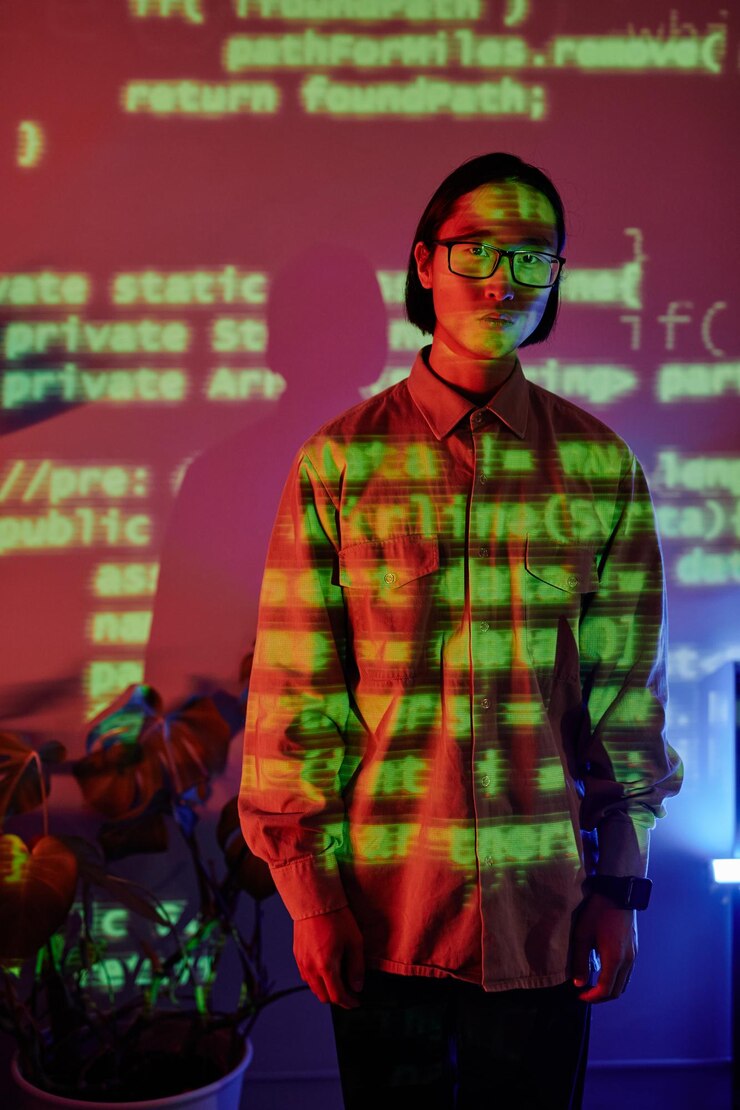 Foto joven empresario asiático con ropa informal de pie en una oficina de espacio abierto