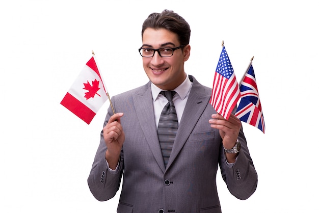 Joven empresario con bandera aislado en blanco