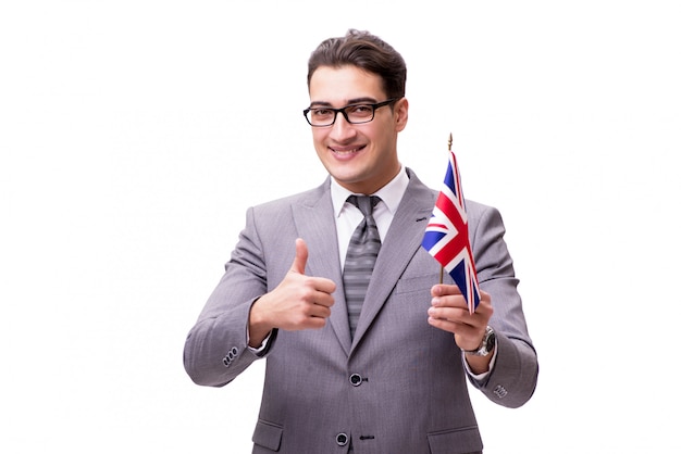 Joven empresario con bandera aislado en blanco