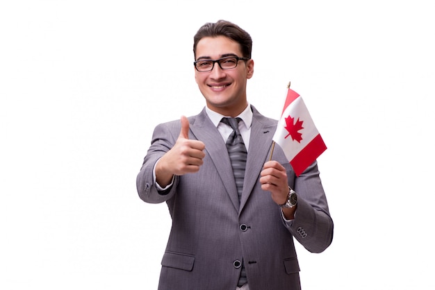 Joven empresario con bandera aislado en blanco