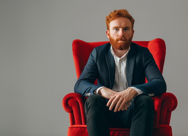 joven empresario de barba roja sentado en un elegante sillón rojo fondo vacío limpio