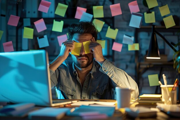 Un joven empresario cansado trabajando hasta tarde en una oficina con notas adhesivas que le cubren los ojos