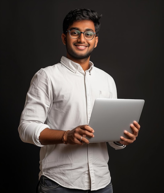 Joven empresario con una computadora portátil en un fondo oscuro