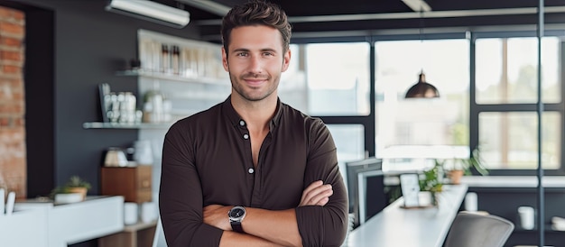 Un joven empresario confiado posando en la oficina mirando a la cámara y sonriendo