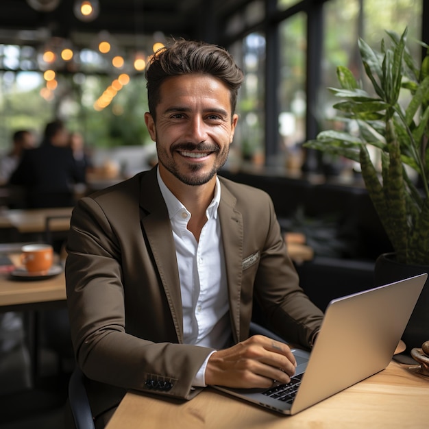 Joven empresario confiado trabajando en una computadora portátil en la cafetería