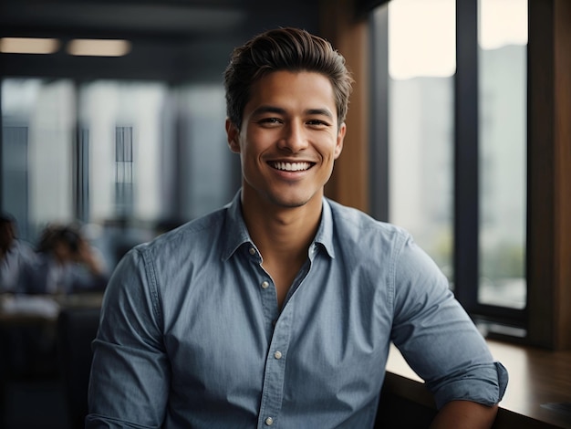 joven empresario ejecutivo camisa denim fondo de oficina sonriente