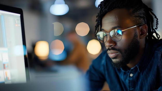 Joven empresario enfocado con gafas mirando fijamente la pantalla de la computadora mientras trabaja hasta tarde en la oficina