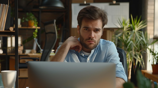 Joven empresario enfocado trabajando en una computadora portátil en una oficina moderna