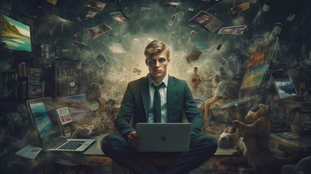 Un joven empresario escandinavo adicto al trabajo sentado y trabajando en una computadora portátil rodeado de toneladas de papeles y otros documentos Imagen generativa de IA AIG30