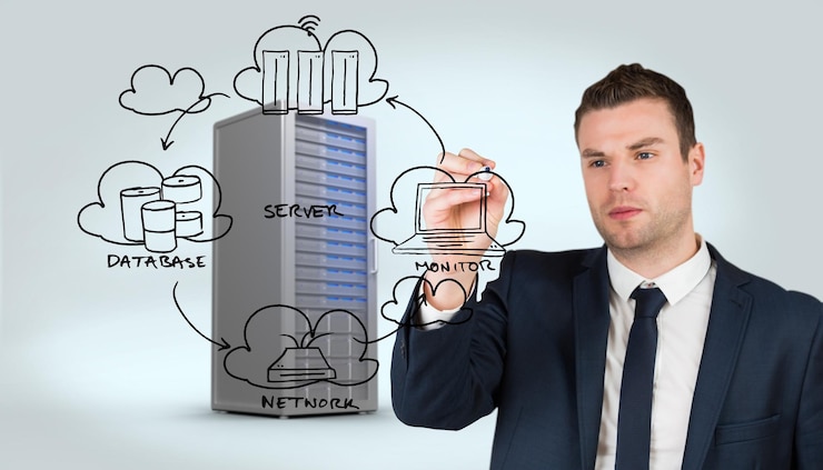 Foto joven empresario escribiendo con marcador contra la torre del servidor generada digitalmente