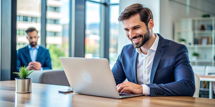 joven empresario feliz y gerente ejecutivo mirando su portátil participando en una web en línea