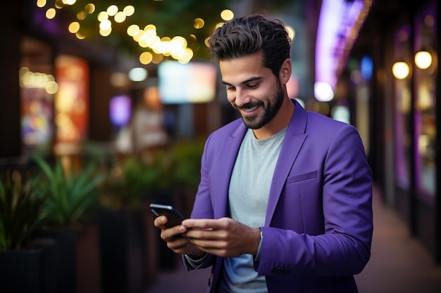 Joven empresario feliz, sonriente y relajado con un teléfono inteligente usando una aplicación de tecnología digital de teléfono móvil