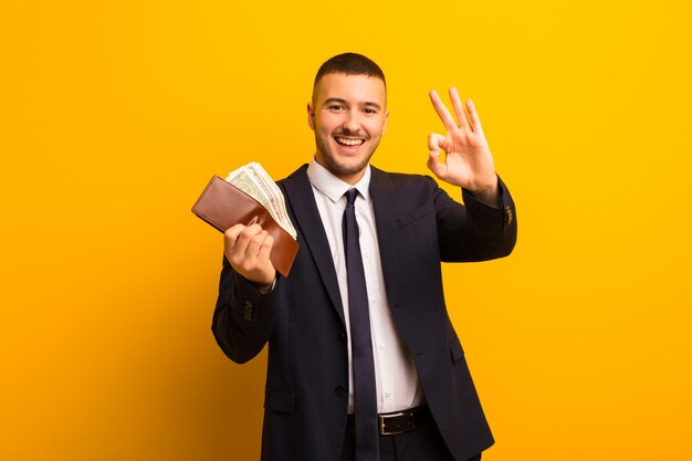 Joven empresario guapo contra el concepto de dinero de pared plana