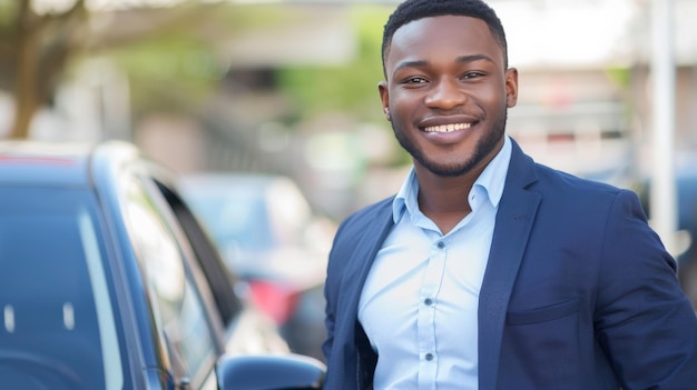 Foto un joven empresario guapo sonriendo y de pie junto a su coche