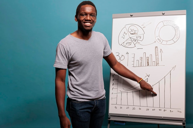 Joven empresario haciendo presentaciones financieras en pizarra, usando gráficos y estadísticas para explicar el informe económico en el estudio. Persona segura que usa carteles para planificar el crecimiento del marketing.