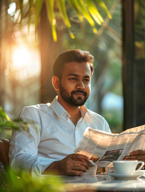 Un joven empresario indio disfrutando de una taza de café y leyendo el periódico en un café con un edificio de oficinas contemporáneo y una impresionante luz dorada en el fondo