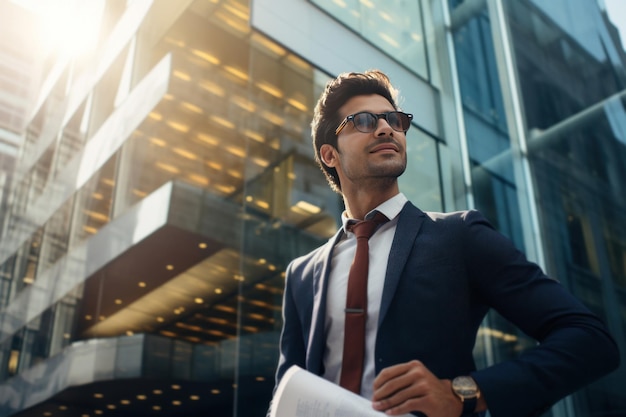 Foto un joven empresario indio con traje camina fuera de la oficina o del edificio de cristal