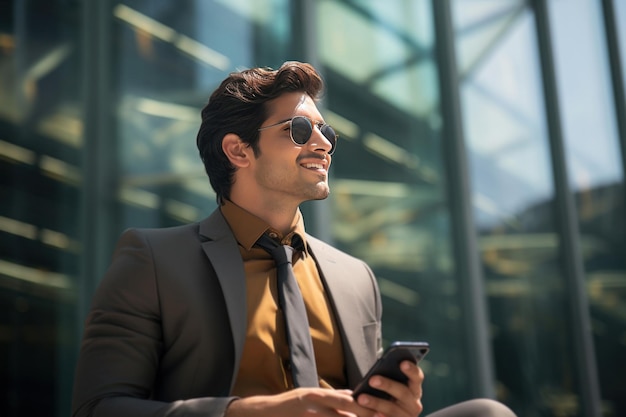 Foto un joven empresario indio con traje camina fuera de la oficina o del edificio de cristal