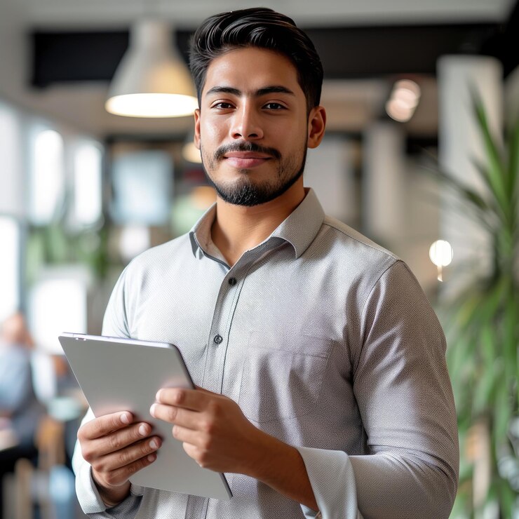 Un joven empresario latino exitoso se posiciona en el centro de atención con una tableta en la mano