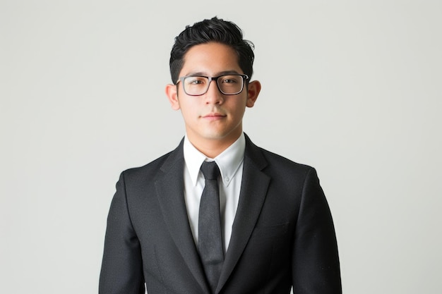 Un joven empresario latino con gafas y de pie en un traje oscuro y corbata sobre un fondo blanco