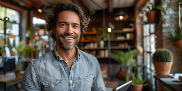 Foto un joven empresario latino sonriendo mientras usa una tableta en su oficina administrando datos financieros o de marketing concept business latin technology office data management