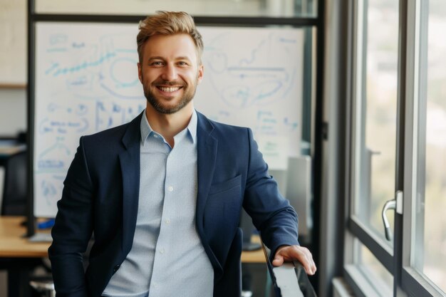 Foto joven empresario líder de start-up listo para presentar su idea y discutirla en la reunión de inversores de la pizarra blanca