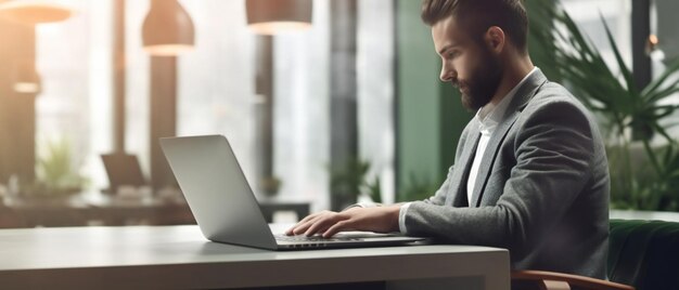 Joven empresario que trabaja en una computadora portátil en un espacio de coworking moderno y luminoso