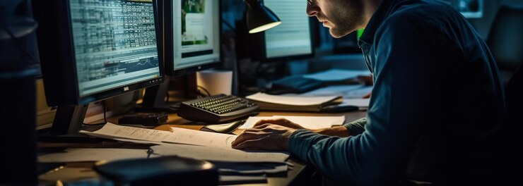 Joven empresario que trabaja hasta tarde en la noche en la oficina con computadora y documentos