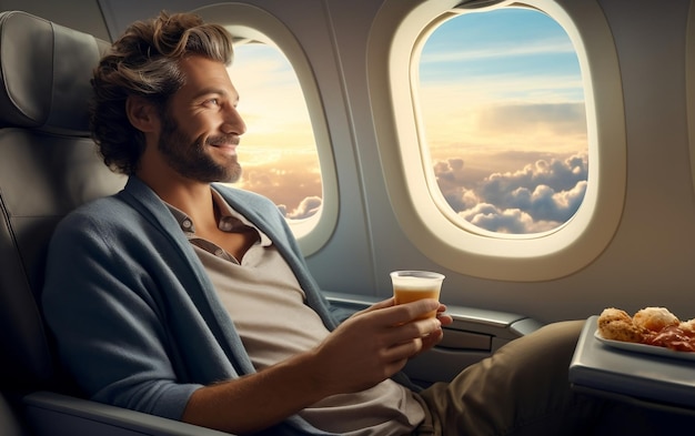 Un joven empresario sentado en un vuelo de clase ejecutiva disfrutando de una taza de café AI