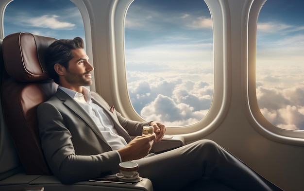 Un joven empresario sentado en un vuelo de clase ejecutiva disfrutando de una taza de café AI