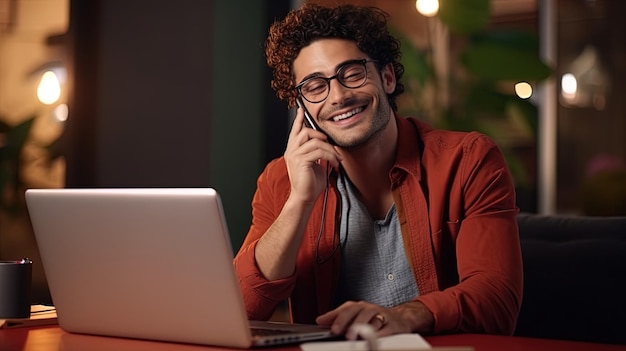 Joven empresario sonriendo felizmente en una oficina relajada haciendo una llamada telefónica mientras trabaja con una computadora portátil generada por IA