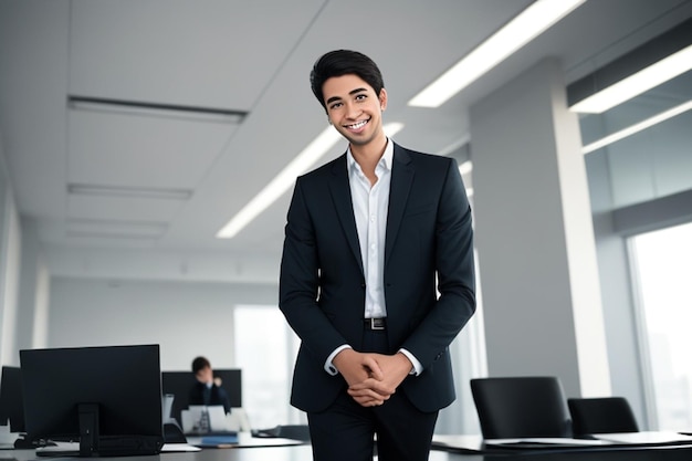 Un joven empresario sonriente y confiado mirando a la cámara de pie en la oficina, elegante y elegante.