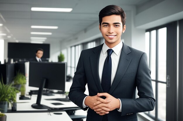 Un joven empresario sonriente y confiado mirando a la cámara de pie en la oficina, elegante y elegante.