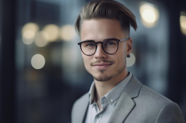 Joven empresario sueco inteligente cara sonriente de pie en el fondo borroso del edificio de oficinas moderno AI generativo AIG20